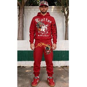 Ed Hardy Men's 77 Tattoo Red Hoodie EHM1300-36 Size M